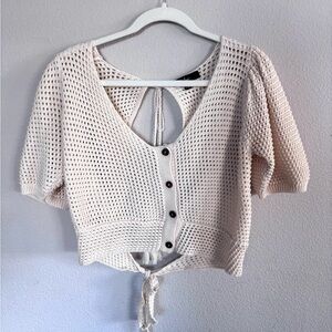 Lulu's Cream Knit Button-Up Tie-Back Blouse